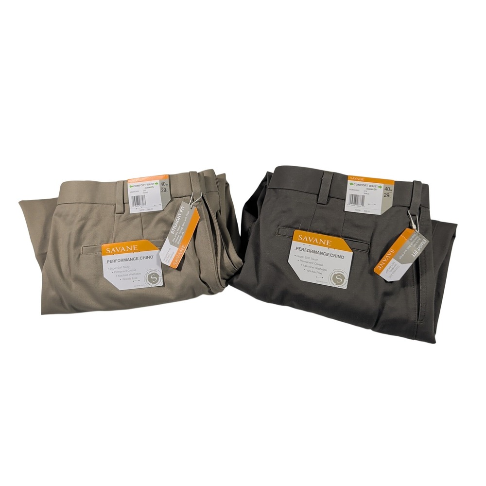 Savane Chino Pants Mens 40x29 Khaki Grey Performance Straight Fit Lot of 2 NWT